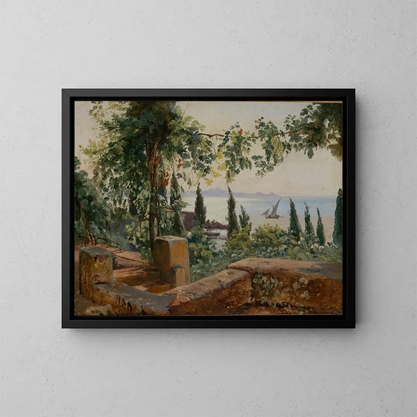 Study of Italian landscape with sea view - Johann Baptist Kirner — framed artwork on a wall