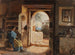 Italiaans interieur schilderij met een vrouw zittend terwijl ze koffie maalt, met uitzicht op de tuin en de zee - Johann Baptist Kirner — weergave van het kunstwerk