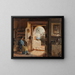 Italiaans interieur schilderij met een vrouw zittend terwijl ze koffie maalt, met uitzicht op de tuin en de zee - Johann Baptist Kirner — ingelijst kunstwerk aan de muur