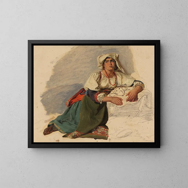 an Italian woman kneeling and leaning over a child - Johann Baptist Kirner — framed artwork on a wall