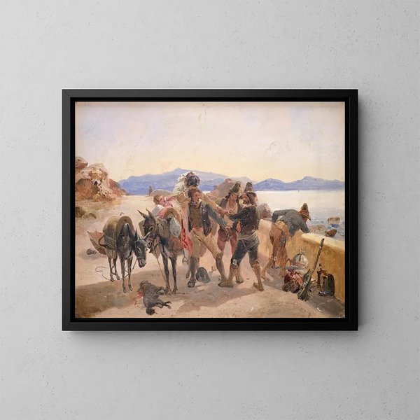 the thieves attacking travelers - Johann Baptist Kirner — framed artwork on a wall