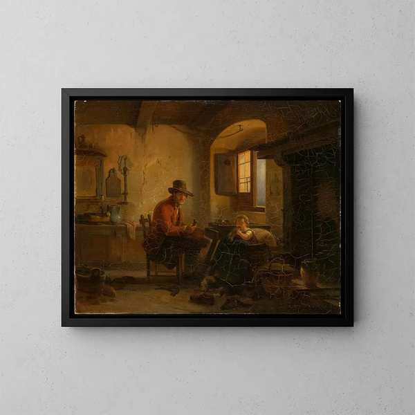 Cordonner with a child in his workshop - Johann Baptist Kirner — framed artwork on a wall