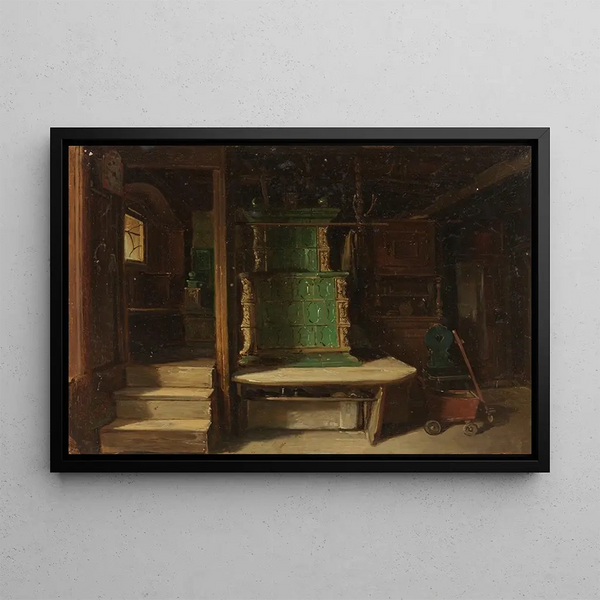 Binnenkant van het Zwarte Woud boerderij met groene aardewerken kachel - Johann Baptist Kirner — ingelijst kunstwerk aan de muur