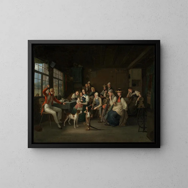 a painting "A Swiss Guard recounts in his homeland his experiences during the July Revolution in Paris in 1830" by Johann Baptist Kirner — framed artwork on a wall