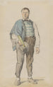 Landbouwers staand in Kinzigtal-kostuum met hoed en parapluie onder de linkerarm - Johann Baptist Kirner — weergave van het kunstwerk