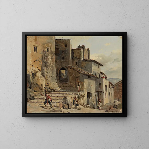 Rue en escaliers dans un village de montagne italien - Johann Baptist Kirner — framed artwork on a wall