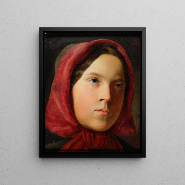 Young woman with red scarf - Johann Baptist Reiter — framed artwork on a wall