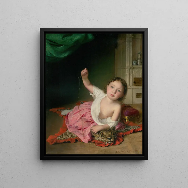 Small girl playing - Johann Baptist Reiter — framed artwork on a wall