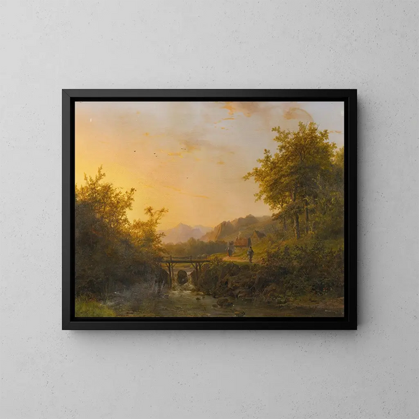 Landscape painting with peasants walking near a river at dusk - Johann Bernhard Klombeck — framed artwork on a wall