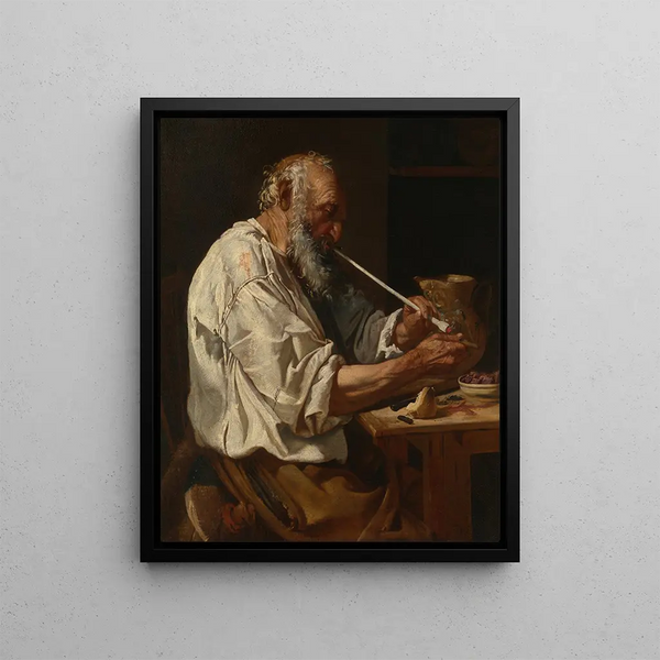 Old peasant lighting a pipe - Johann Carl Loth — framed artwork on a wall