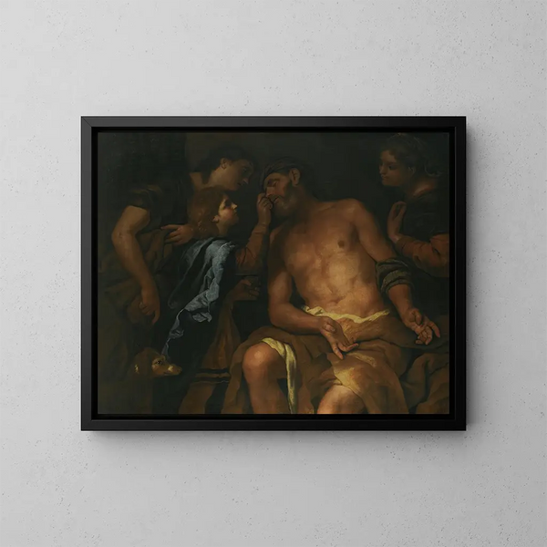 The Healing of Tobit's Blindness - Johann Carl Loth — framed artwork on a wall
