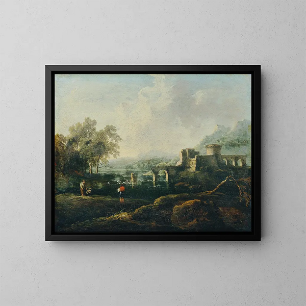 Ideal landscape with river and bridge ruin, Morning - Johann Christian Brand — framed artwork on a wall