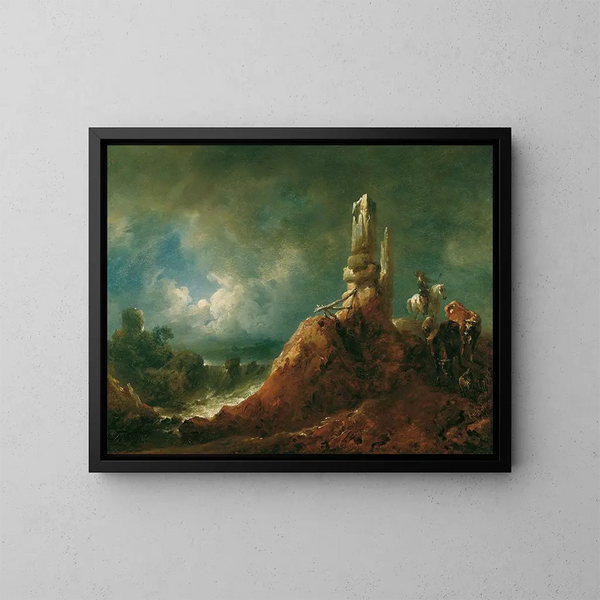 Landscape painting with ruins and rider in moonlight - Johann Christian Brand — framed artwork on a wall