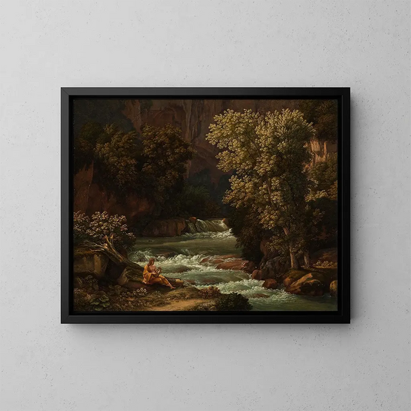 View of Ponte Lupo on the Anio River near Tivoli with a young person playing the lyre in the foreground - Johann Christian Reinhart — framed artwork on a wall