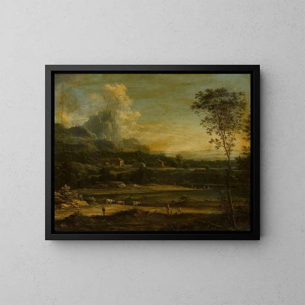 Mountain landscape painting with a lake and buildings - Johann Christian Vollerdt — framed artwork on a wall