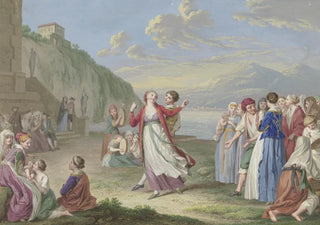 Johann Friedrich August Tischbein - Italienische Landleute unterhalten sich am Seeufer mit Spiel und Tanz im Hintergrund hohe Berge.webp