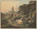 van een schilderij met herders op rotsen met een herder voor een ezel, schapen en geiten op de achtergrond, ruïnes met een brug - Johann Friedrich Morgenstern — weergave van het kunstwerk