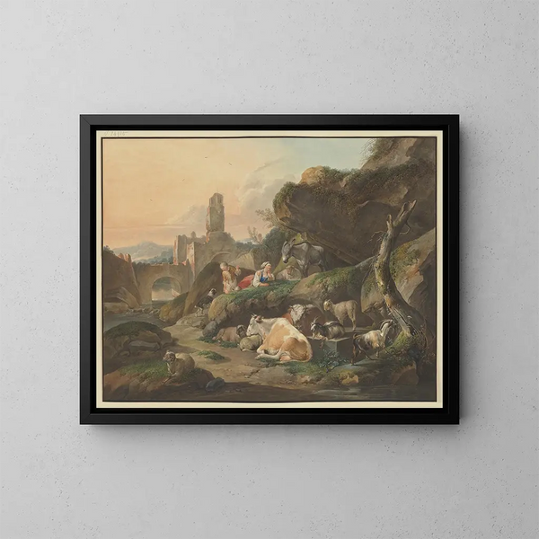 Bergers sur des rochers avec une bergère devant un âne, des moutons et des chèvres en arrière-plan, des ruines avec un pont - Johann Friedrich Morgenstern — framed artwork on a wall