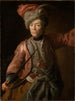 Portret van een oude vrouw in hussarenkostuum - Johann Georg Dathan — weergave van het kunstwerk