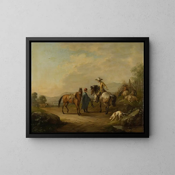 a gentleman on horseback with his groom - Johann Georg Pforr — framed artwork on a wall