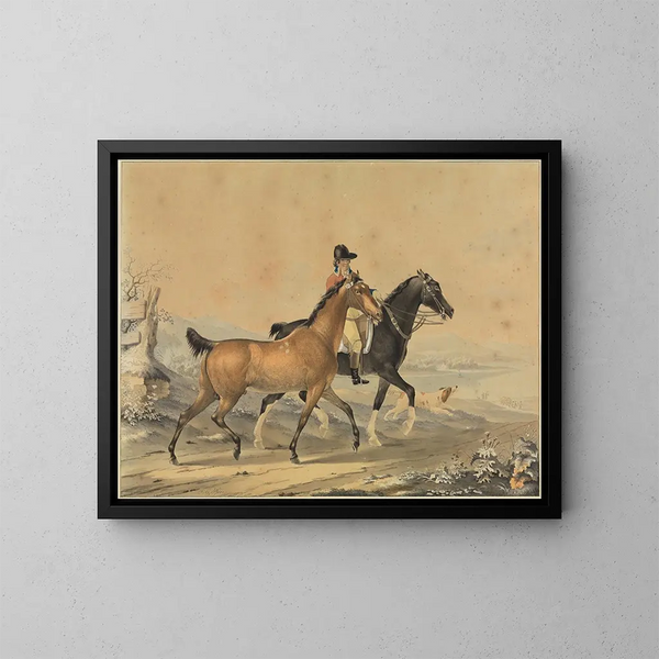 Cavalier with Two Horses and a Dog - Johann Georg Pforr — framed artwork on a wall