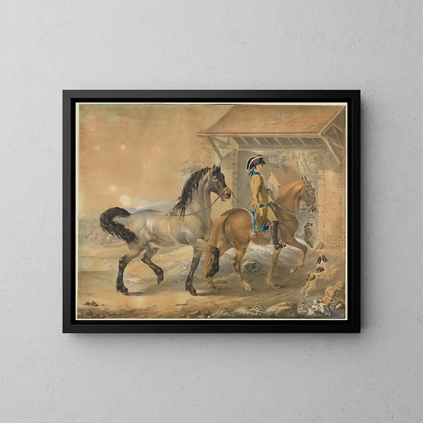 Soldier with 2 horses in front of a stable - Johann Georg Pforr — framed artwork on a wall