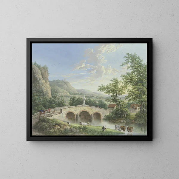 Landscape with a stone bridge on which an antique sculpture is placed - Johann Georg Pforr — framed artwork on a wall