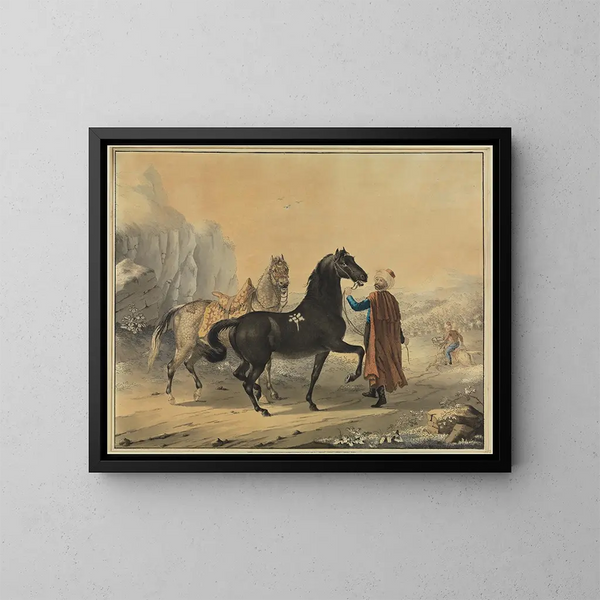 Turkish Painting with a Rappe and a Schimmel - Johann Georg Pforr — framed artwork on a wall