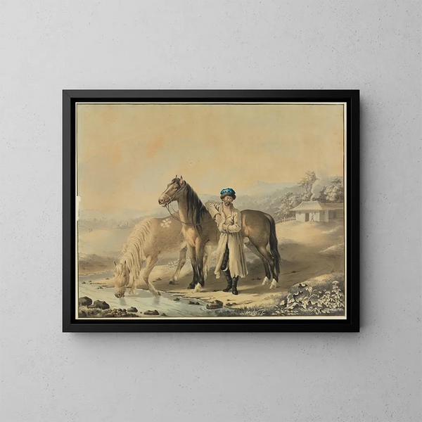Turkish Painting with Two Horses by the Riverbank - Johann Georg Pforr — framed artwork on a wall