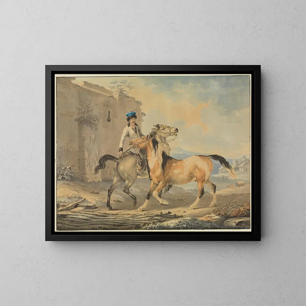 Turkish Painting with two horses in front of a castle ruin - Johann Georg Pforr — framed artwork on a wall
