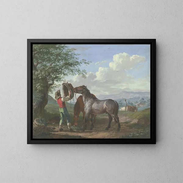 Two horses in a field under a tree - Johann Georg Pforr — framed artwork on a wall