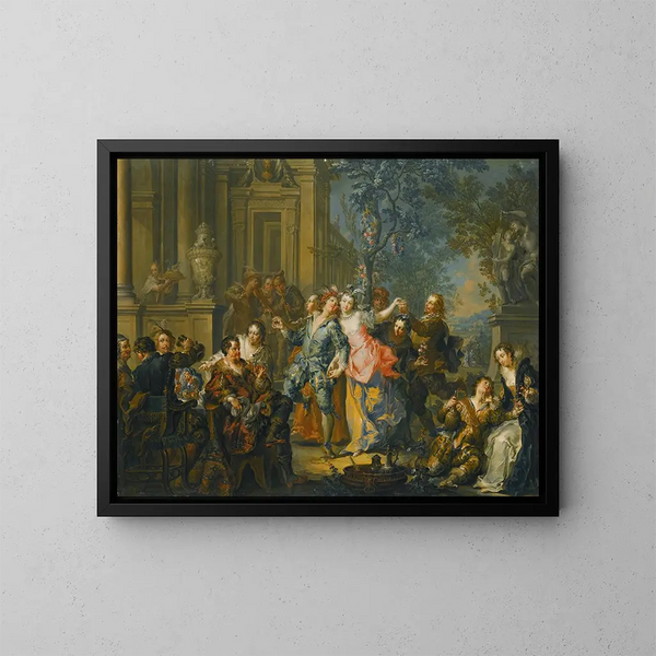 an elegant company having fun in front of a palace - Johann Georg Platzer — framed artwork on a wall