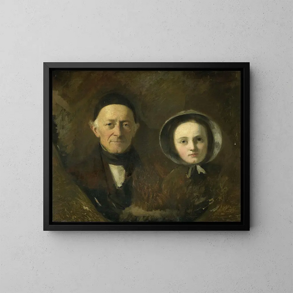 Portrait painting of Johann Joseph Hermann, the artist's father-in-law, with his granddaughter Ida Schwartze, the artist's eldest daughter - Johann Georg Schwartze — framed artwork on a wall
