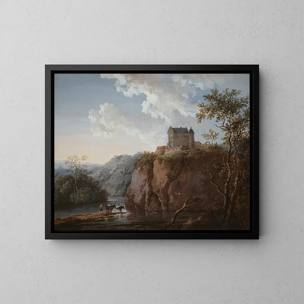 Château sur un rocher au-dessus d'une vallée inondée - Johann Georg Wagner — framed artwork on a wall