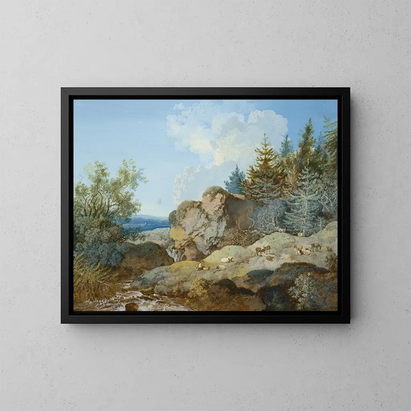 Landscape painting of a forested mountain with a herd and a stream - Johann Georg Wagner — framed artwork on a wall
