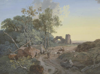 Johann Georg Wagner - Waldpartie und Ruine mit einem Bogen an einem Weg mit Hirten und Vieh.webp