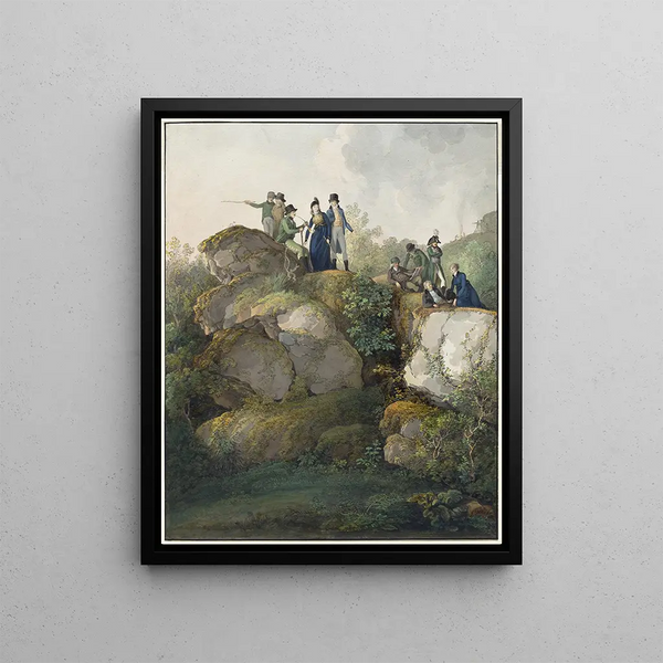 a royal group admiring the sunset at the summit of Mount Hesselberg - Johann Georg von Dillis — framed artwork on a wall