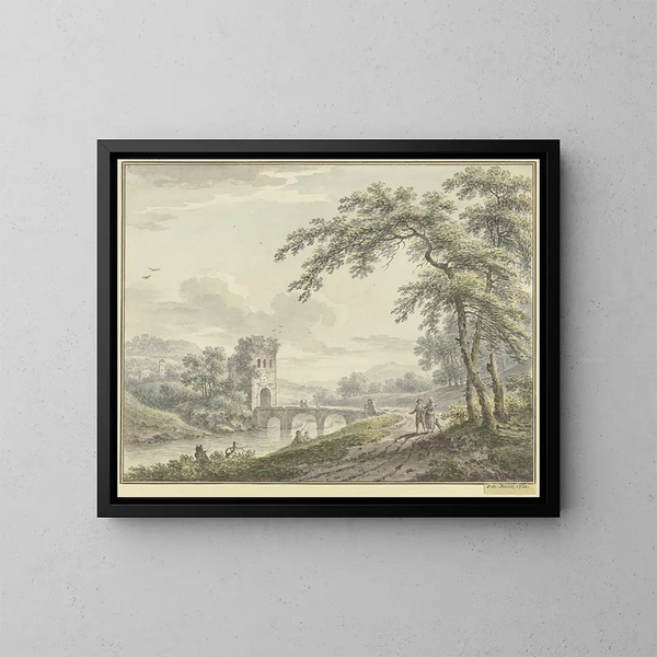 Landscape painting with a bridge and a tower on the right under a tree, a couple with a dog - Johann Heinrich Müntz — framed artwork on a wall