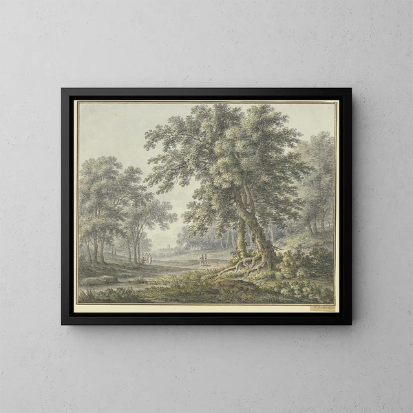 Forest scene with two groups of figures - Johann Heinrich Müntz — framed artwork on a wall