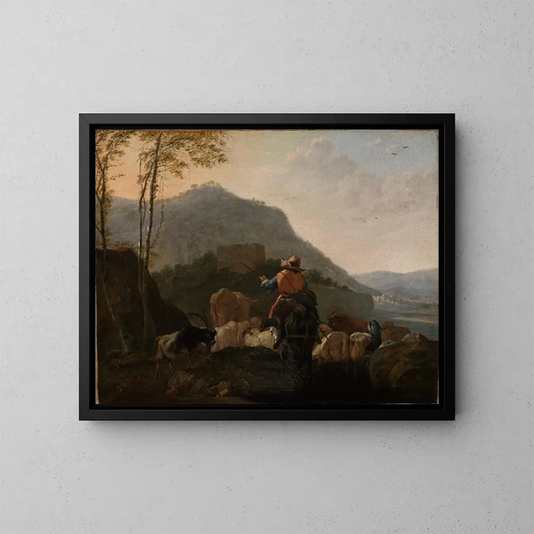 Bergers partant avec leur troupeau dans un paysage montagneux du sud - Johann Heinrich Roos — framed artwork on a wall