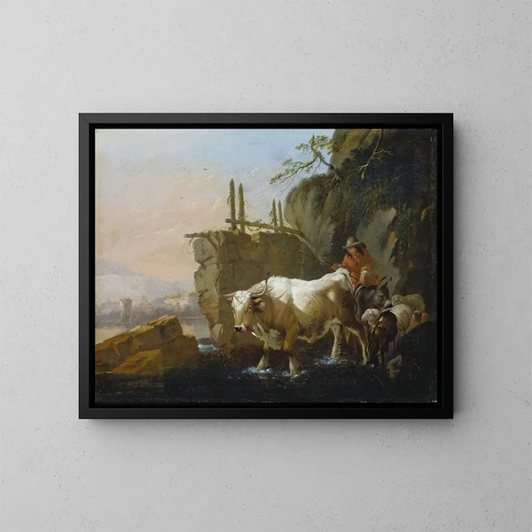 Shepherds leading livestock across a ford - Johann Heinrich Roos — framed artwork on a wall