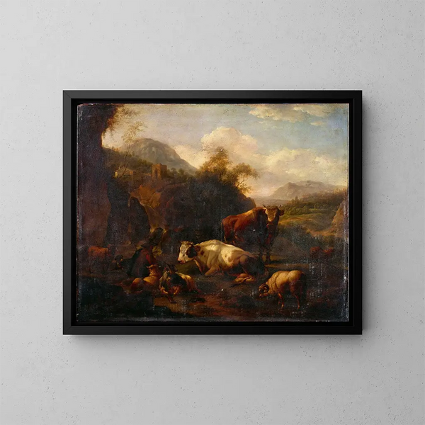 Landscape with Hunters - Johann Heinrich Roos — framed artwork on a wall
