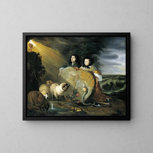 Self-portrait with his wife and Christian faith symbols - Johann Heinrich Roos — framed artwork on a wall