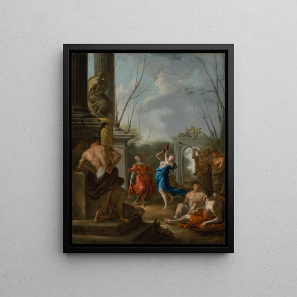 A Bacchanal in a Classical Courtyard - Johann Heinrich Schönfeld — framed artwork on a wall