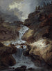 Cascade in een rotsachtige kloof tijdens een stormachtige dag - Johann Heinrich West — weergave van het kunstwerk