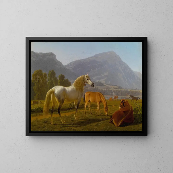 Alpine landscape with horses - Johann Jakob Biedermann — framed artwork on a wall