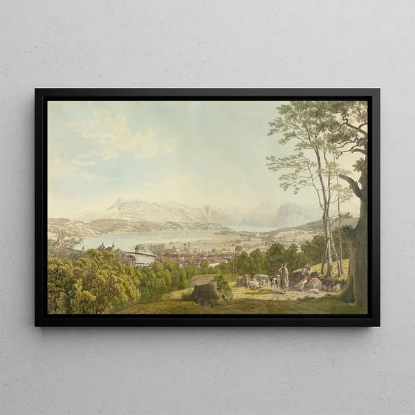 Scene of a shepherd in front of Lucerne - Johann Jakob Biedermann — framed artwork on a wall