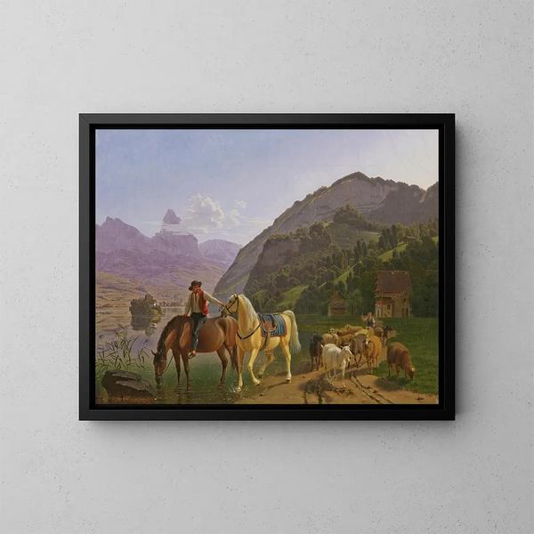 Cavalier with two horses and a herd - Johann Jakob Biedermann — framed artwork on a wall