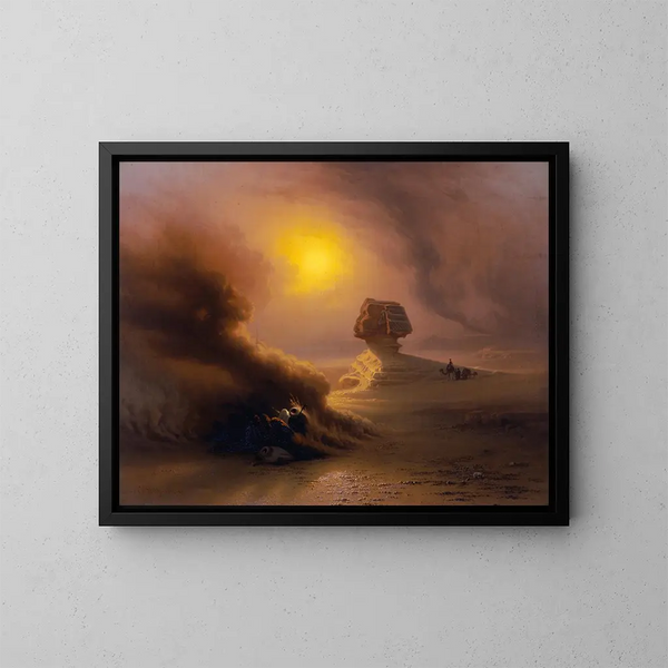 a Caravan Surprise by the Sandstorm in front of the Sphinx - Johann Jakob Frey — framed artwork on a wall