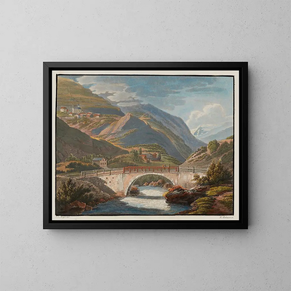 Village de Stilfs et le premier pont sur la route du col de Stilfs Stevio en Tyrol - Johann Jakob Meyer — framed artwork on a wall